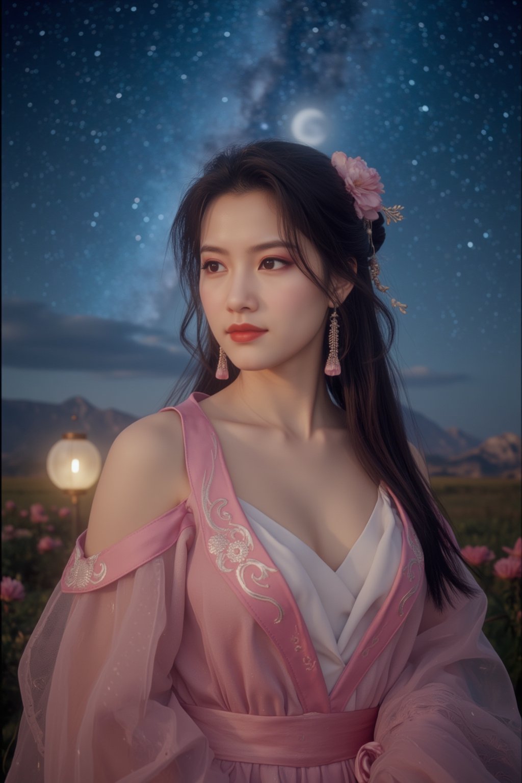  (masterpiece, best quality:1.2),2_girls, navel, solo, midriff, bare shoulders, lantern, hair ornament, flower, hair flower, paper lantern, black hair, red lips,
BREAK, looking at viewer, chinese clothes,(pink color:1.29), (hanfu dress:1.39), 
BREAK,black eyes,blurry, solo focus, long hair, lips, night, lipstick, outdoors, upper body, blurry,(huge breasts:1.59), (Starry sky, Milky Way, shooting stars across the night sky:1.23), solo, makeup, hair bun,Xyunxiao,(Peony,full moon:1.52),wonder beauty,Hanfu