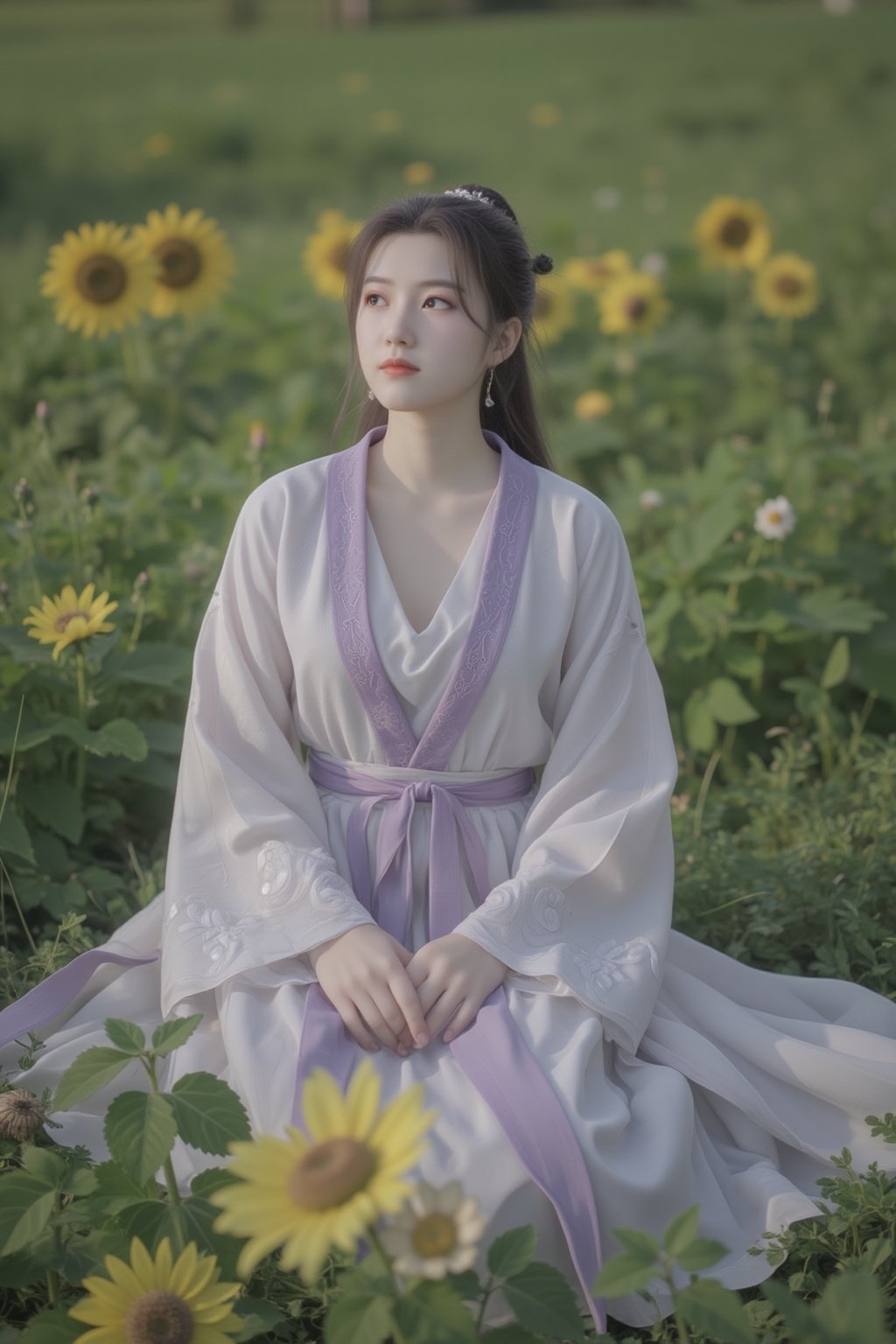 1 girl, (photorealistic:1.2), KOLNB, hanfu, light purple and white dominant, muted color, sit on the field of green grass and yellow sunflower, view from above, the girl looking up