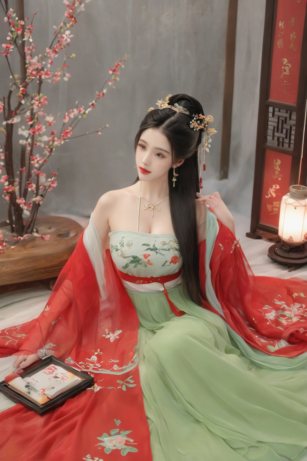 (masterpiece, best quality:1.2),1girl, solo, long hair, black hair,(huge breasts:1.89),Hairpins,necklace, hair ornament, dress, full body, flower, earrings, indoors, hair bun, (red-green dress:1.29),(Tube top Hanfu long skirt:1.1), pillow, bed, night, chinese clothes, table, branch,daxiushan, ,daxiushan style,(huge breasts:2.59), (full breasts:2.34), realistic,hanfu, daxiushan,Shoulders are exposed, , daxiushan, arien_hanfu,,More Reasonable Details,Xyunluo,Xningyudie