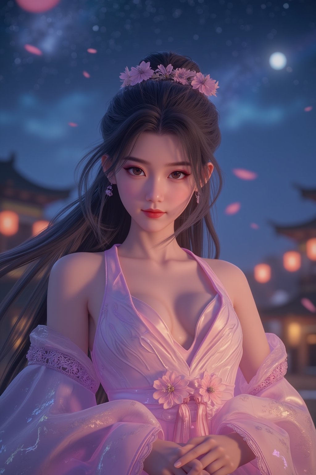  (masterpiece, best quality:1.2),2_girls, navel, solo, midriff, bare shoulders, lantern, hair ornament, flower, hair flower, paper lantern, black hair, red lips,
BREAK, looking at viewer, chinese clothes,(Holographic pink color:1.29), (Holographic Gradient seven colors rainbow dress:1.39), 
BREAK,black eyes,blurry, solo focus, long hair, lips, night, lipstick, outdoors, upper body, blurry,(huge breasts:1.5), (Starry sky, Milky Way, shooting stars across the night sky:1.23), solo, makeup, hair bun,Xyunxiao,(Peony,full moon:1.52),wonder beauty