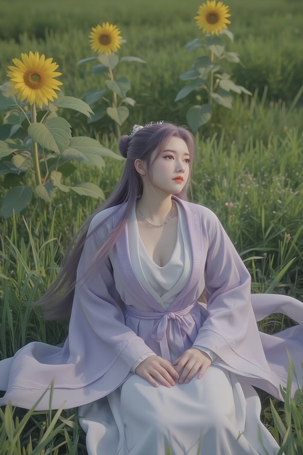 1 girl, (photorealistic:1.2), KOLNB, hanfu, light purple and white dominant, muted color, sit on the field of green grass and yellow sunflower, view from above, the girl looking up,Xyunxiao,(big breasts:1.59),