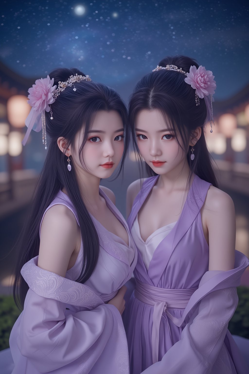  (masterpiece, best quality:1.2),2_girls, navel, solo, midriff, bare shoulders, lantern, hair ornament, flower, hair flower, paper lantern, black hair, red lips,
BREAK, looking at viewer, chinese clothes, (light purple hanfu dress:1.39), 
BREAK,black eyes,blurry, solo focus, long hair, lips, night, lipstick, outdoors, upper body, blurry,(huge breasts:1.79), (Starry sky, Milky Way, shooting stars across the night sky:1.23),2 girl, makeup, hair bun,Xyunxiao,(Peony,full moon:1.52),wonder beauty