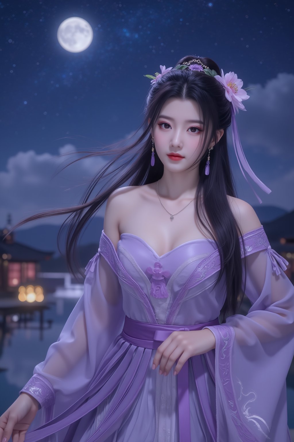  (masterpiece, best quality:1.2),2_girls, navel, solo, midriff, bare shoulders, lantern, hair ornament, flower, hair flower, paper lantern, black hair, red lips,
BREAK, looking at viewer, chinese clothes, (light purple hanfu dress:1.39), 
BREAK,black eyes,blurry, solo focus, long hair, lips, night, lipstick, outdoors, upper body, blurry,(huge breasts:1.79), (Starry sky, Milky Way, shooting stars across the night sky:1.23),2 girl, makeup, hair bun,Xyunxiao,(Peony,full moon:1.52),wonder beauty