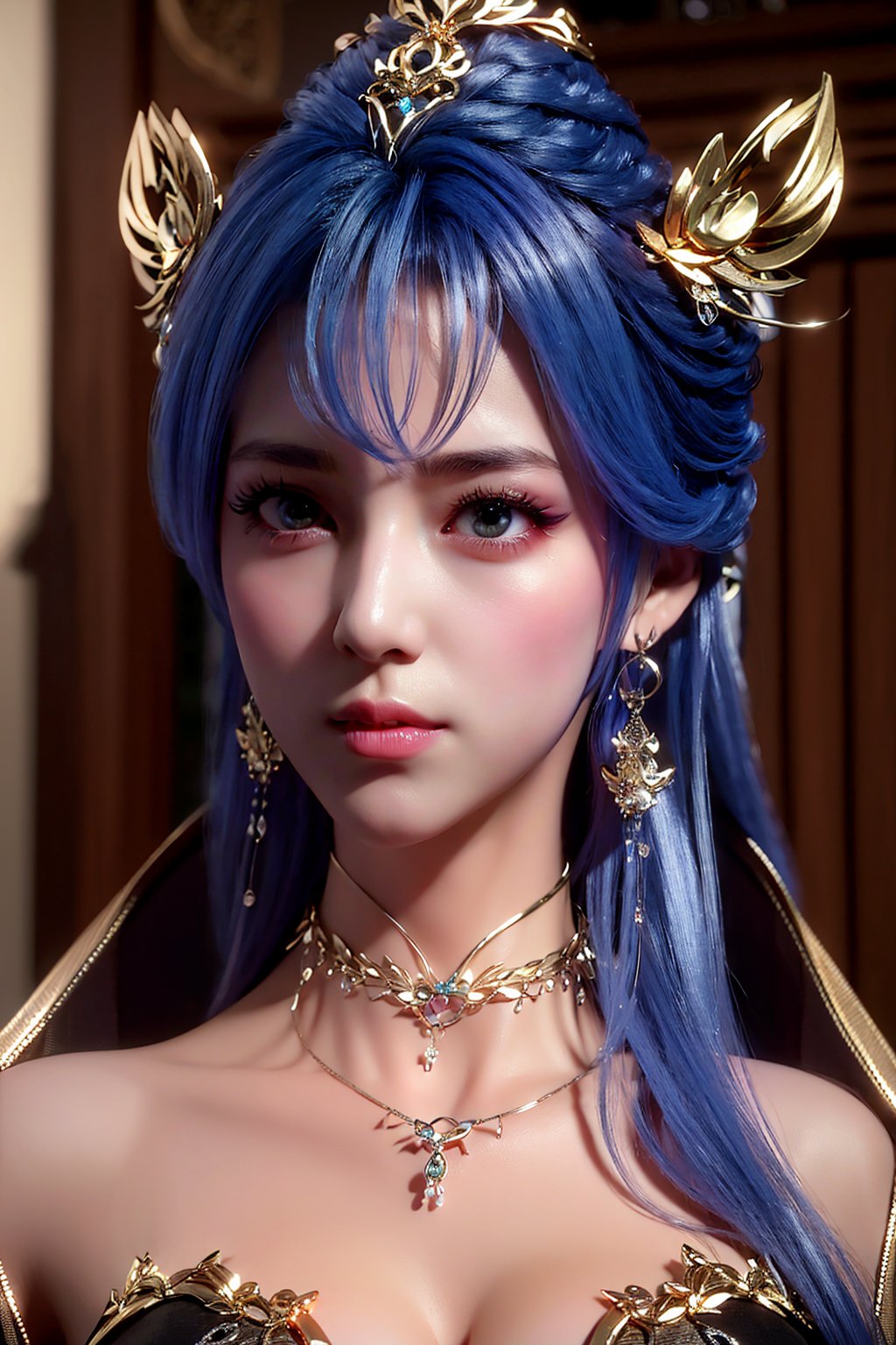 tianqiong,portiart,1girl,jewelry,hair ornament,solo,earrings,long hair,blue eyes,blue hair,looking at viewer,necklace,purple hair,masterpiece,HDR,UHD,8K,best quality,Photographic,,,Xtianqiong,Xyunxiao