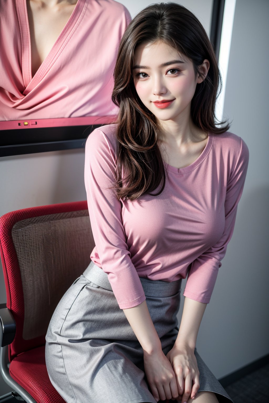 (Best quality, 8k, 32k, Masterpiece, UHD:1.2),Photo of Pretty Japanese girl, 1girl, mid-twenty milf, (medium-short dark brown hair), double eyelids,  long-legged, soft curves, (red tight fit suit:1.39), (pink shirt, grey skirt:1.36), sitting on office chair, office, snowy sky, heavy snow, sexy face, seducing smile, look at viewer, exquisite detailed real skin texture, detailed fabric texture,Xyunxiao ,(natural  big breasts:1.39)