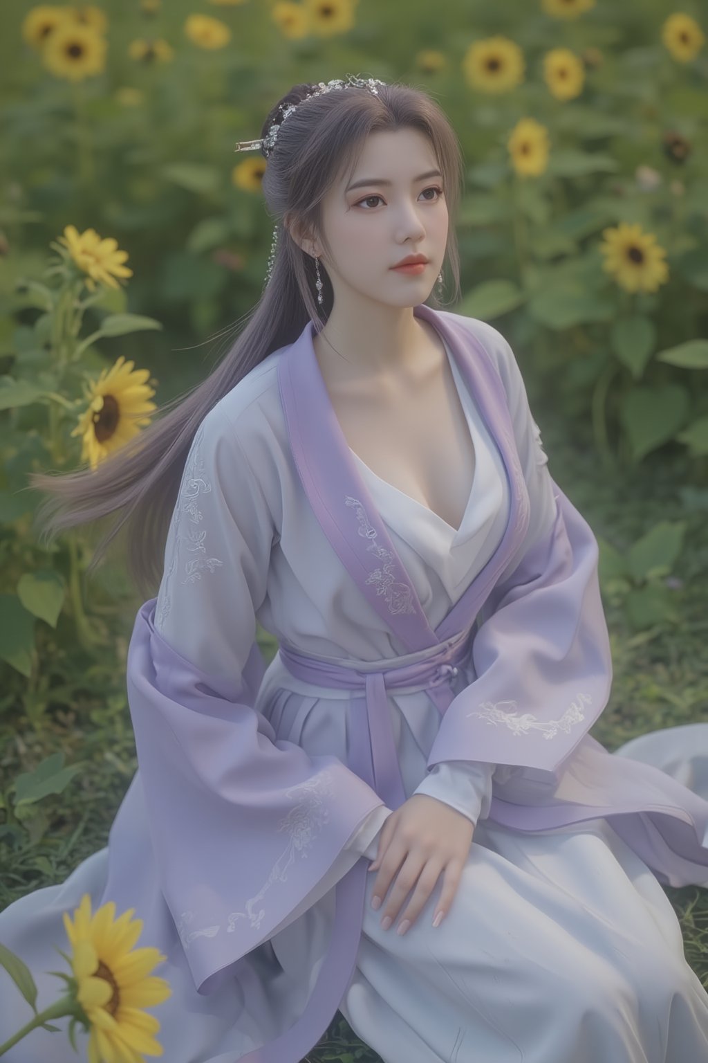 1 girl, (photorealistic:1.2), KOLNB, hanfu, light purple and white dominant, muted color, sit on the field of green grass and yellow sunflower, view from above, the girl looking up,Xyunxiao,(big breasts:1.59),