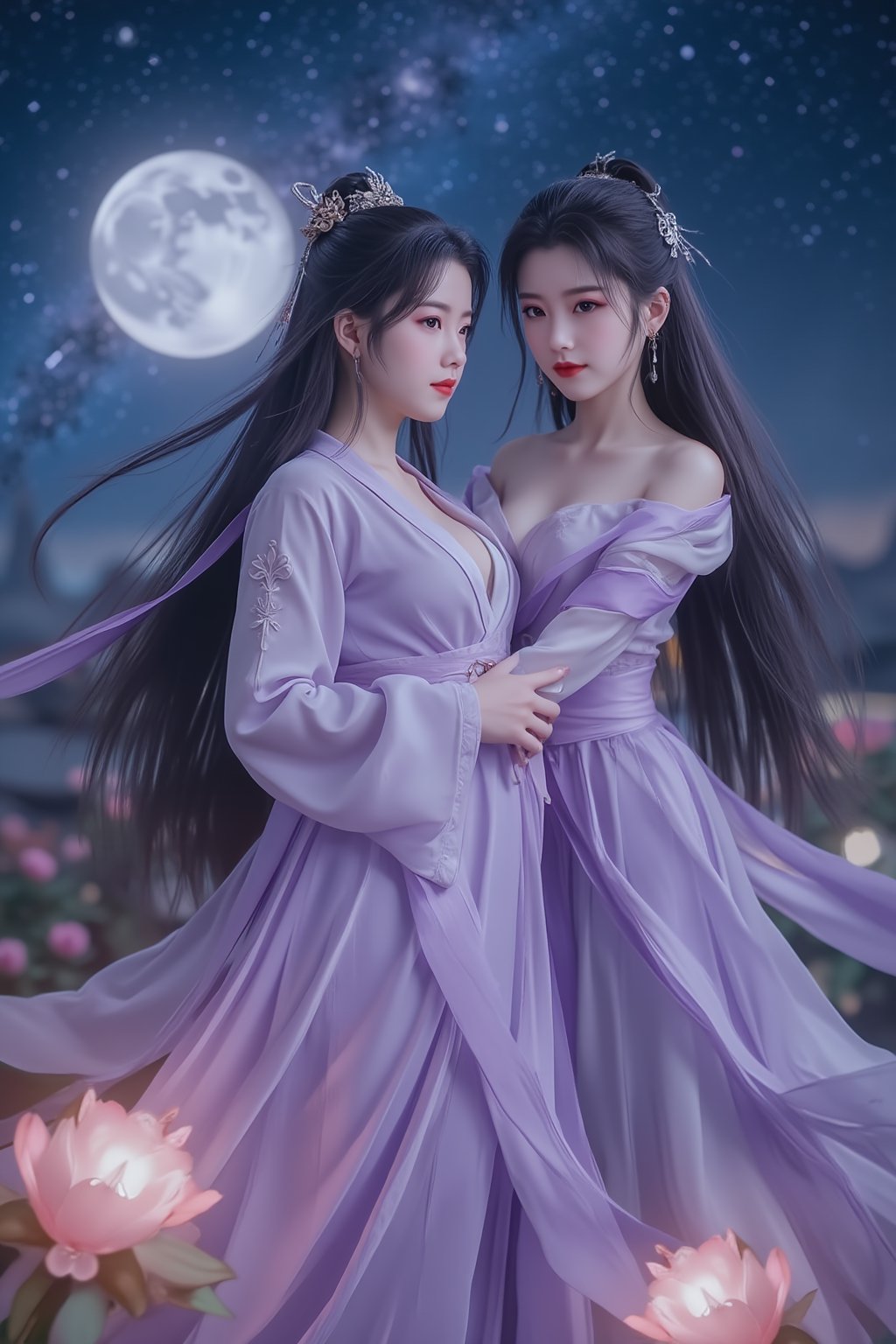  (masterpiece, best quality:1.2),2_girls, navel, solo, midriff, bare shoulders, lantern, hair ornament, flower, hair flower, paper lantern, black hair, red lips,
BREAK, looking at viewer, chinese clothes, (light purple hanfu dress:1.39), 
BREAK,black eyes,blurry, solo focus, long hair, lips, night, lipstick, outdoors, upper body, blurry,(huge breasts:1.79), (Starry sky, Milky Way, shooting stars across the night sky:1.23),2 girl, makeup, hair bun,Xyunxiao,(Peony,full moon:1.52),wonder beauty