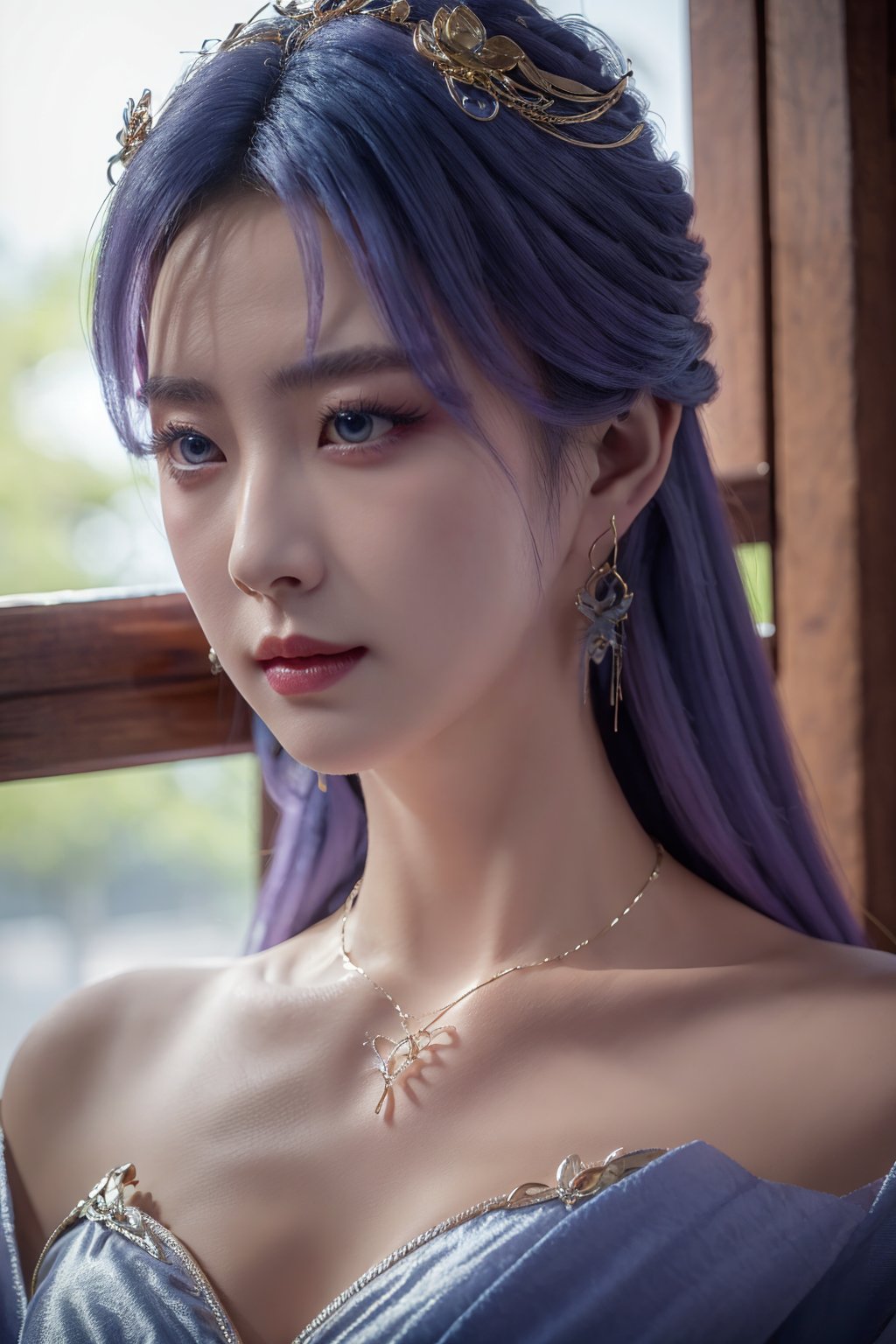 tianqiong,portiart,1girl,jewelry,hair ornament,solo,earrings,long hair,blue eyes,blue hair,looking at viewer,necklace,purple hair,masterpiece,HDR,UHD,8K,best quality,Photographic,,,Xtianqiong,Xyunxiao