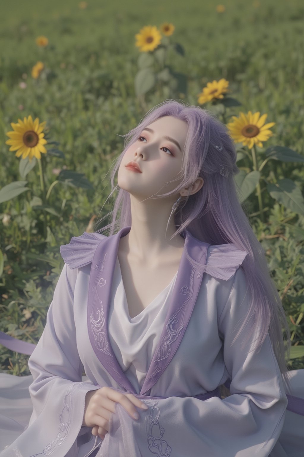 1 girl, (photorealistic:1.2), KOLNB, hanfu, light purple and white dominant, muted color, sit on the field of green grass and yellow sunflower, view from above, the girl looking up,Xyunxiao,(big breasts:1.69),wonder beauty