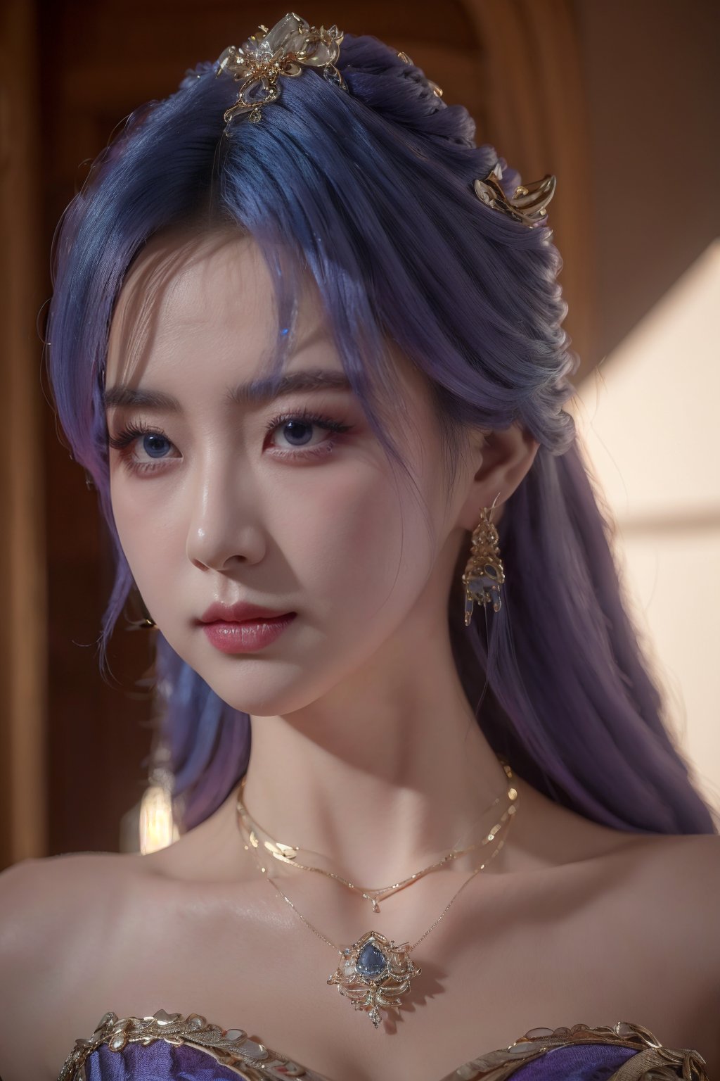 tianqiong,portiart,1girl,jewelry,hair ornament,solo,earrings,long hair,blue eyes,blue hair,looking at viewer,necklace,purple hair,masterpiece,HDR,UHD,8K,best quality,Photographic,,,Xtianqiong,Xyunxiao