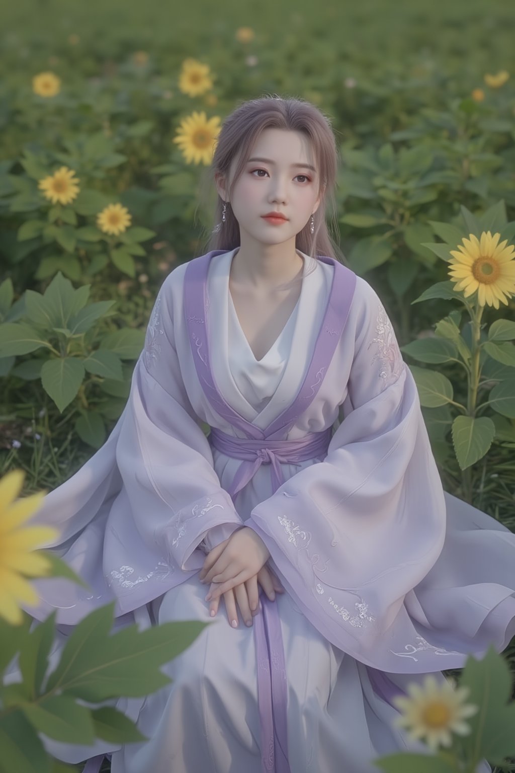 1 girl, (photorealistic:1.2), KOLNB, hanfu, light purple and white dominant, muted color, sit on the field of green grass and yellow sunflower, view from above, the girl looking up