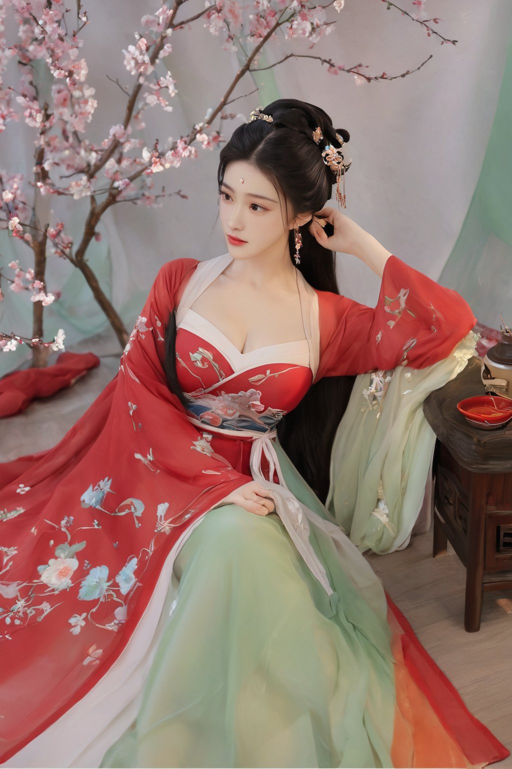 (masterpiece, best quality:1.2),1girl, solo, long hair, black hair,(huge breasts:1.89),Hairpins,necklace, hair ornament, dress, full body, flower, earrings, indoors, hair bun, (red-green dress:1.29),(Tube top Hanfu long skirt:1.1), pillow, bed, night, chinese clothes, table, branch,daxiushan, ,daxiushan style,(huge breasts:2.59), (full breasts:2.34), realistic,hanfu, daxiushan,Shoulders are exposed, , daxiushan, arien_hanfu,,More Reasonable Details,Xyunluo,Xningyudie