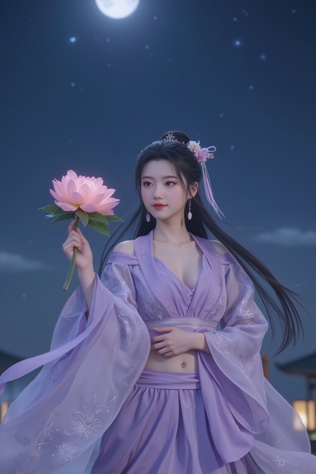  (masterpiece, best quality:1.2),2_girls, navel, solo, midriff, bare shoulders, lantern, hair ornament, flower, hair flower, paper lantern, black hair, red lips,
BREAK, looking at viewer, chinese clothes, (light purple hanfu dress:1.39), 
BREAK,black eyes,blurry, solo focus, long hair, lips, night, lipstick, outdoors, upper body, blurry,(huge breasts:1.79), (Starry sky, Milky Way, shooting stars across the night sky:1.23),2 girl, makeup, hair bun,Xyunxiao,(Peony,full moon:1.52),wonder beauty