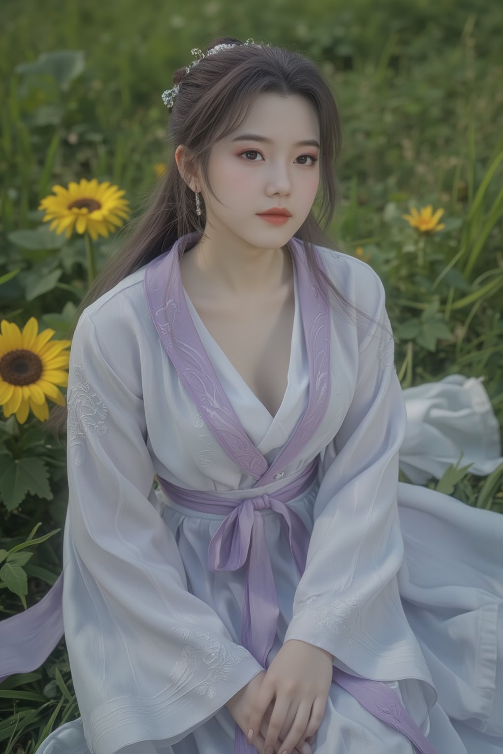 1 girl, (photorealistic:1.2), KOLNB, hanfu, light purple and white dominant, muted color, sit on the field of green grass and yellow sunflower, view from above, the girl looking up