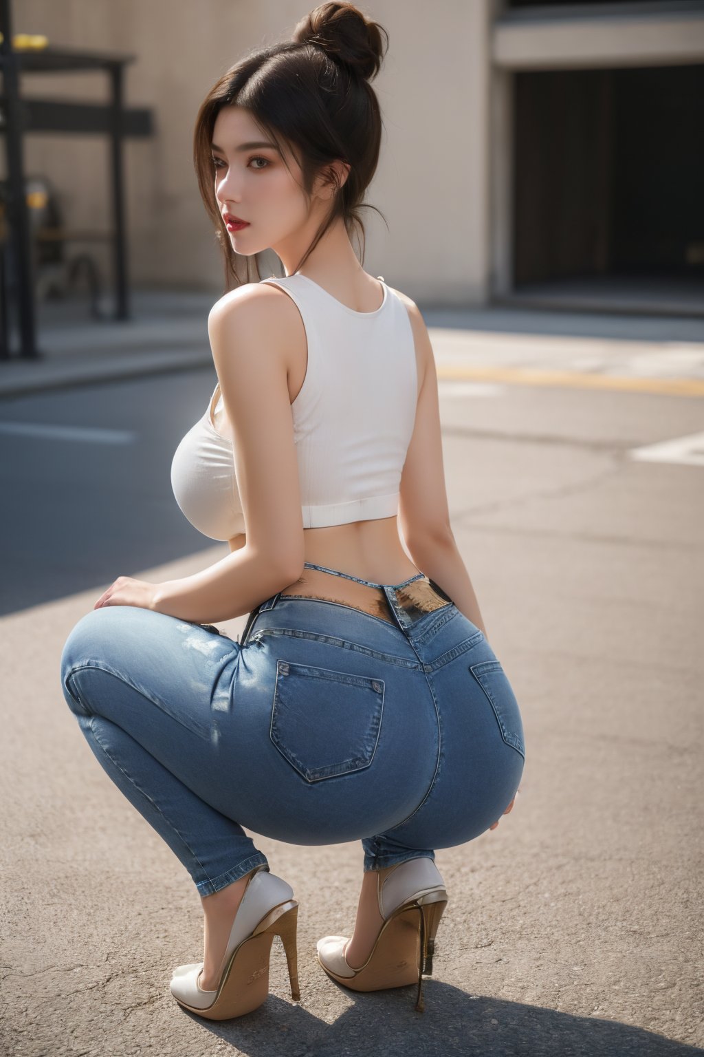 (masterpiece, best quality, highly detailed), blush, 1girl, jeans, full body, (White crop top:1.29), long hair, squatting, torn jeans, (high heels:1.29), sports bra, looking back, urban setting,, ass focus,, big ass, tight jeans, double bun, hair buns, long hair, Yunxiao_Fairy, (big breasts:1.69),