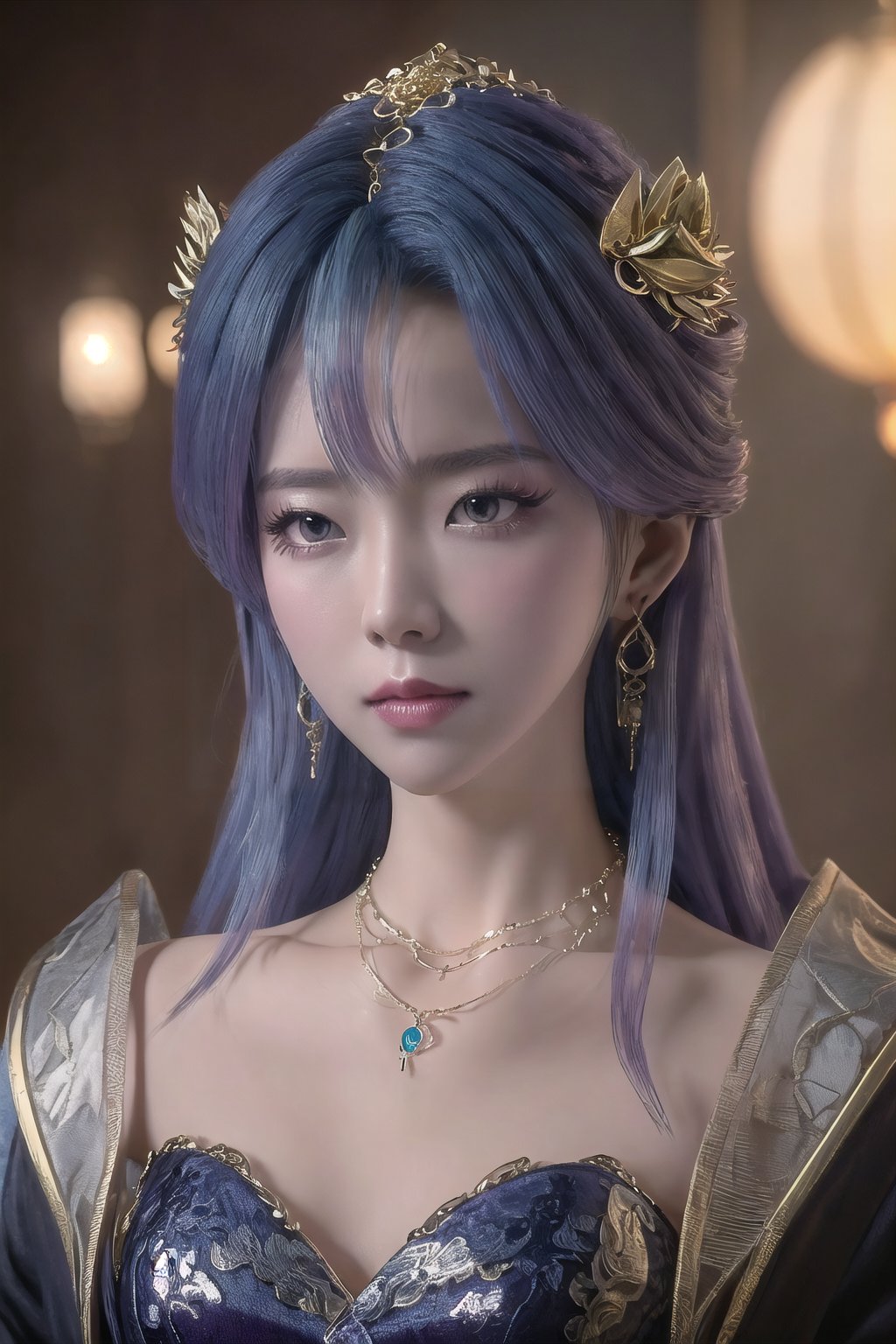 tianqiong,portiart,1girl,jewelry,hair ornament,solo,earrings,long hair,blue eyes,blue hair,looking at viewer,necklace,purple hair,masterpiece,HDR,UHD,8K,best quality,Photographic,,,Xtianqiong,Xyunxiao