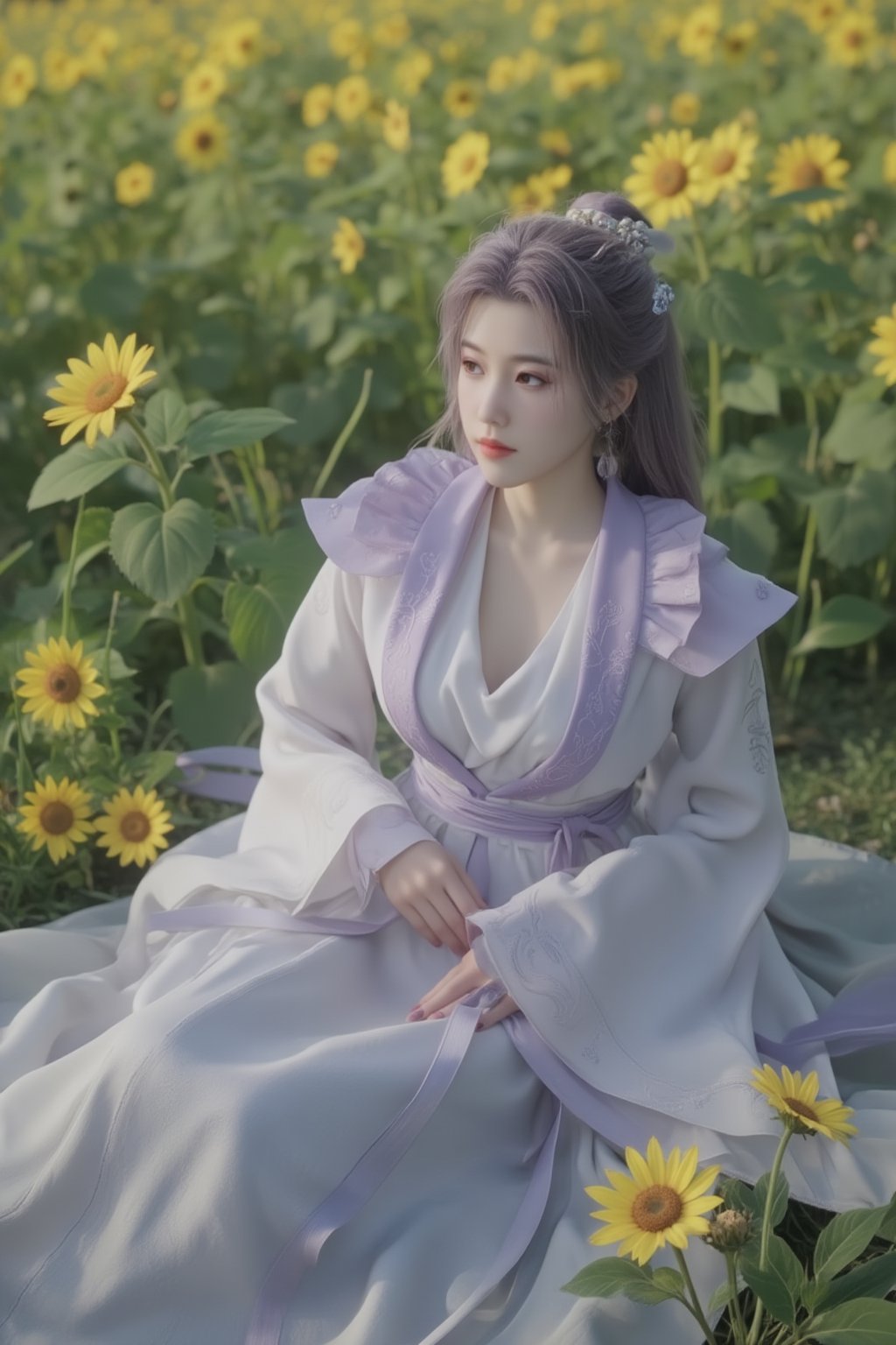 1 girl, (photorealistic:1.2), KOLNB, hanfu, light purple and white dominant, muted color, sit on the field of green grass and yellow sunflower, view from above, the girl looking up,Xyunxiao,(big breasts:1.69),wonder beauty