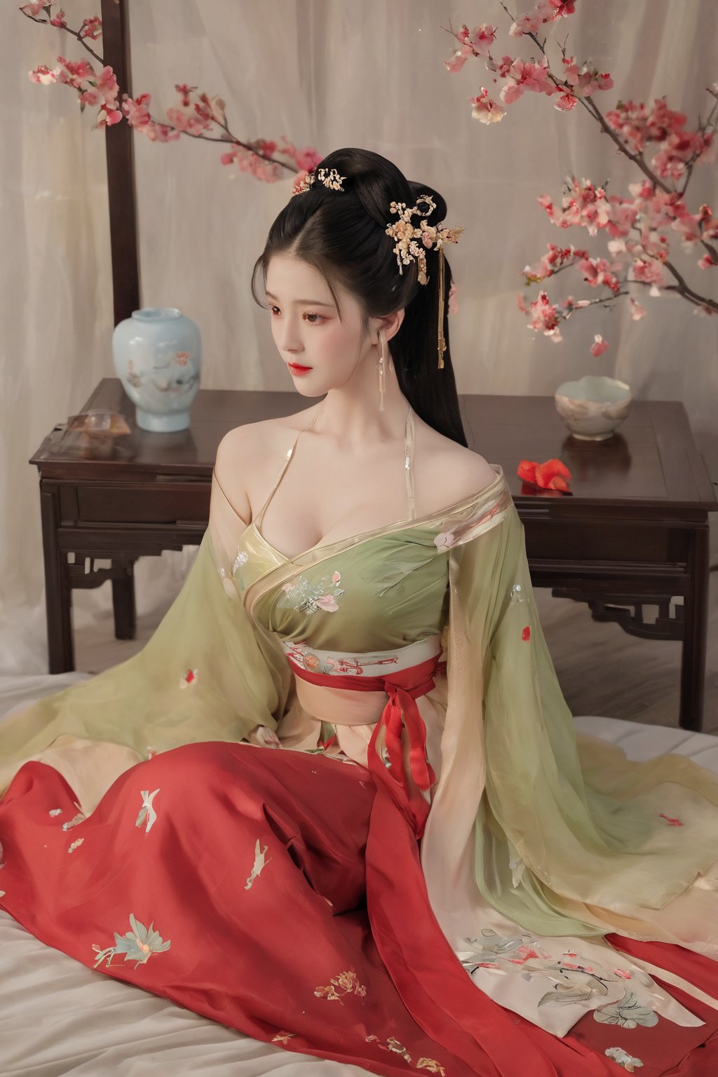 (masterpiece, best quality:1.2),1girl, solo, long hair, black hair,(huge breasts:1.89),Hairpins,necklace, hair ornament, dress, full body, flower, earrings, indoors, hair bun, (red-green dress:1.29),(Tube top Hanfu long skirt:1.1), pillow, bed, night, chinese clothes, table, branch,daxiushan, ,daxiushan style,(huge breasts:2.59), (full breasts:2.34), realistic,hanfu, daxiushan,Shoulders are exposed, , daxiushan, arien_hanfu,,More Reasonable Details,Xyunluo,Xningyudie