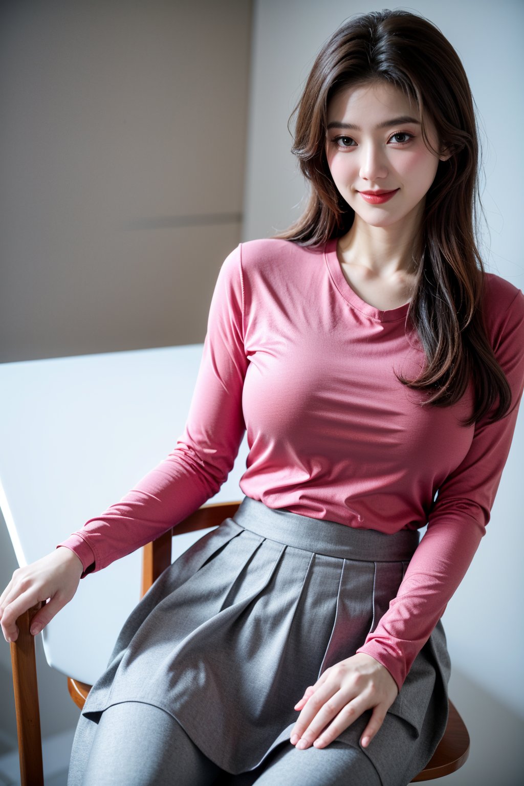 (Best quality, 8k, 32k, Masterpiece, UHD:1.2),Photo of Pretty Japanese girl, 1girl, mid-twenty milf, (medium-short dark brown hair), double eyelids,  long-legged, soft curves, (red tight fit suit:1.39), (pink shirt, grey skirt:1.36), sitting on office chair, office, snowy sky, heavy snow, sexy face, seducing smile, look at viewer, exquisite detailed real skin texture, detailed fabric texture,Xyunxiao ,(natural  big breasts:1.39)