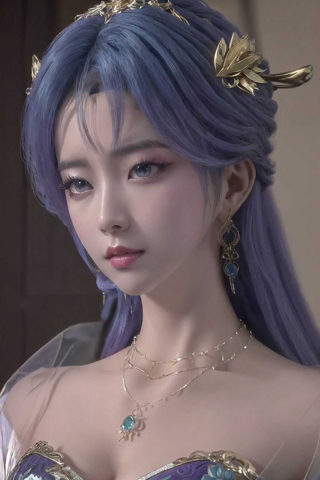 tianqiong,portiart,1girl,jewelry,hair ornament,solo,earrings,long hair,blue eyes,blue hair,looking at viewer,necklace,purple hair,masterpiece,HDR,UHD,8K,best quality,Photographic,,,Xtianqiong,Xyunxiao