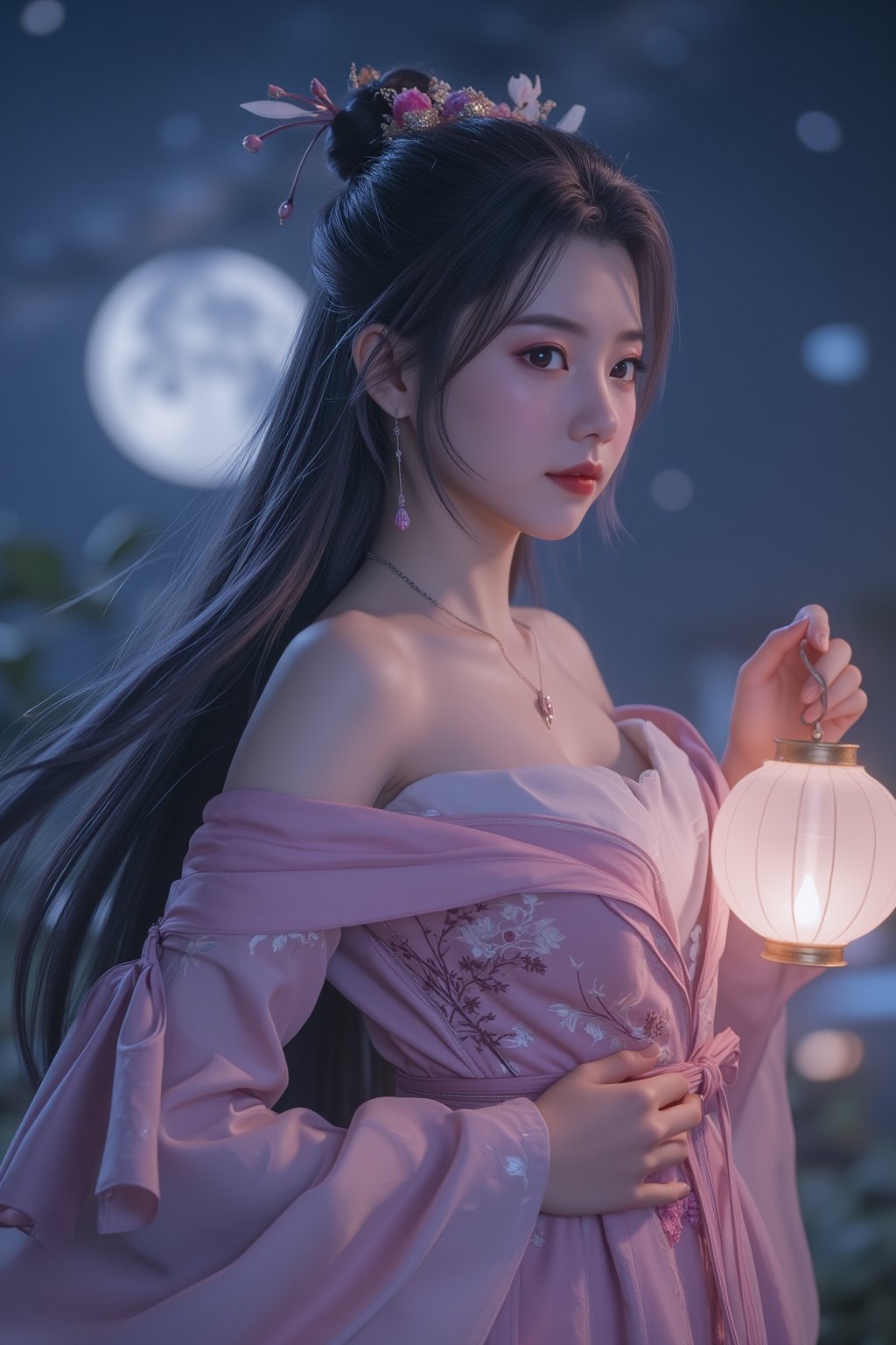  (masterpiece, best quality:1.2),2_girls, navel, solo, midriff, bare shoulders, lantern, hair ornament, flower, hair flower, paper lantern, black hair, red lips,
BREAK, looking at viewer, chinese clothes,(pink color:1.29), (hanfu dress:1.39), 
BREAK,black eyes,blurry, solo focus, long hair, lips, night, lipstick, outdoors, upper body, blurry,(huge breasts:1.59), (Starry sky, Milky Way, shooting stars across the night sky:1.23), solo, makeup, hair bun,Xyunxiao,(Peony,full moon:1.52),wonder beauty