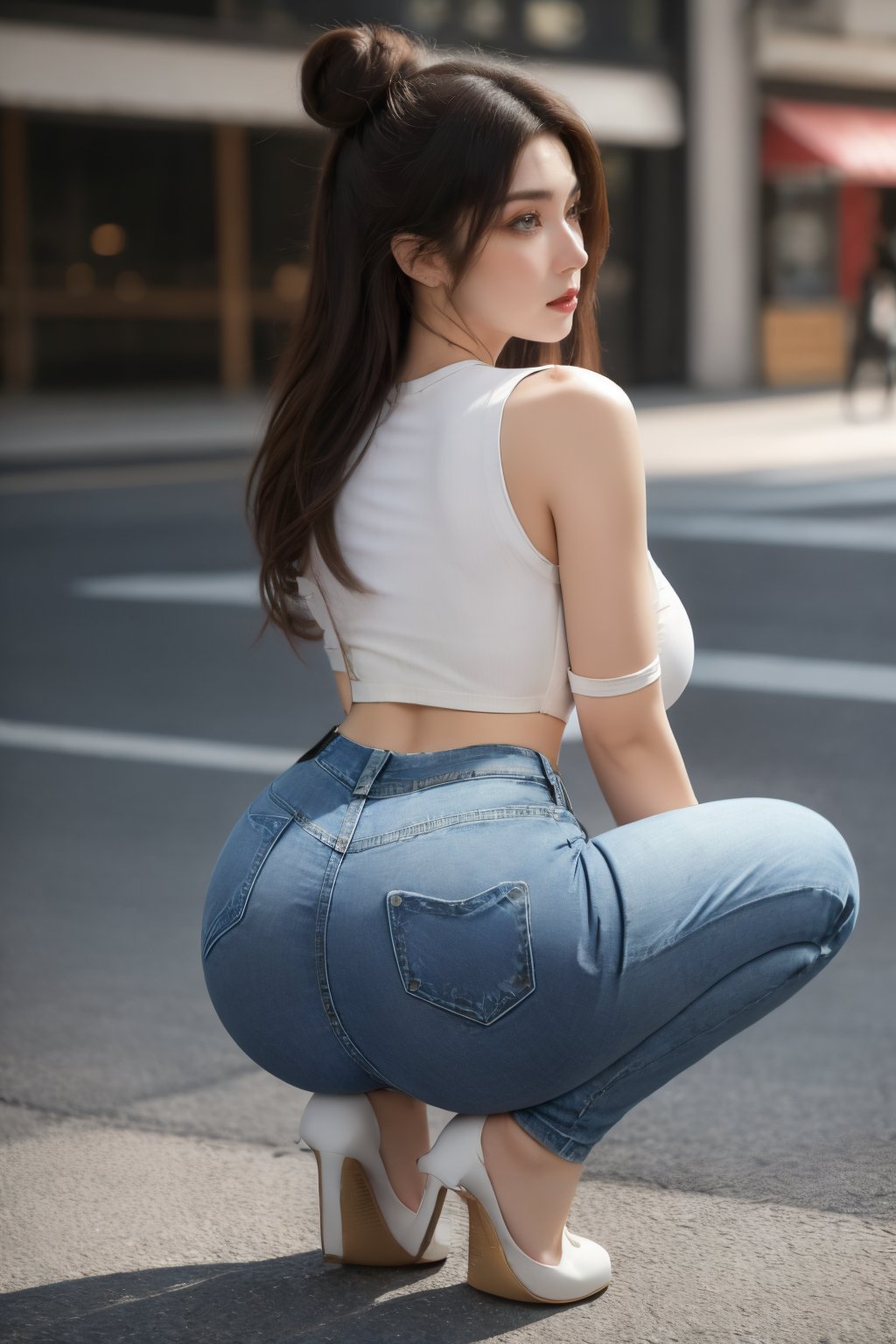 (masterpiece, best quality, highly detailed), blush, 1girl, jeans, full body, (White crop top:1.29), long hair, squatting, torn jeans, (high heels:1.29), sports bra, looking back, urban setting,, ass focus,, big ass, tight jeans, double bun, hair buns, long hair, Yunxiao_Fairy, (big breasts:1.69),