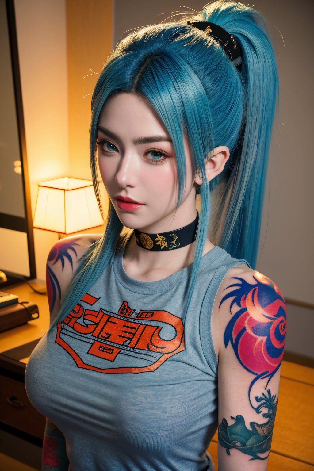 upper_body , score_9, score_8_up, score_7_up, score_6_up, 1girl, long hair,short_ponytail, light blue hair, sunset, grey eyes, plump, realistic, tattoo on body, beautiful mixed detail tattoo, tattoo of, arm tattoo, ((anime girl tattoo wearing dragon ball comic of Japan t-shirt)),smile,looking_at_viewer,(oil shiny skin:0.8), (big_boobs), willowy, chiseled, (hunky:1.8),(perfect anatomy, prefect hand,), 9 head body lenth, dynamic sexy pose, (artistic pose of awoman),from_above, (big breasts:1.39),