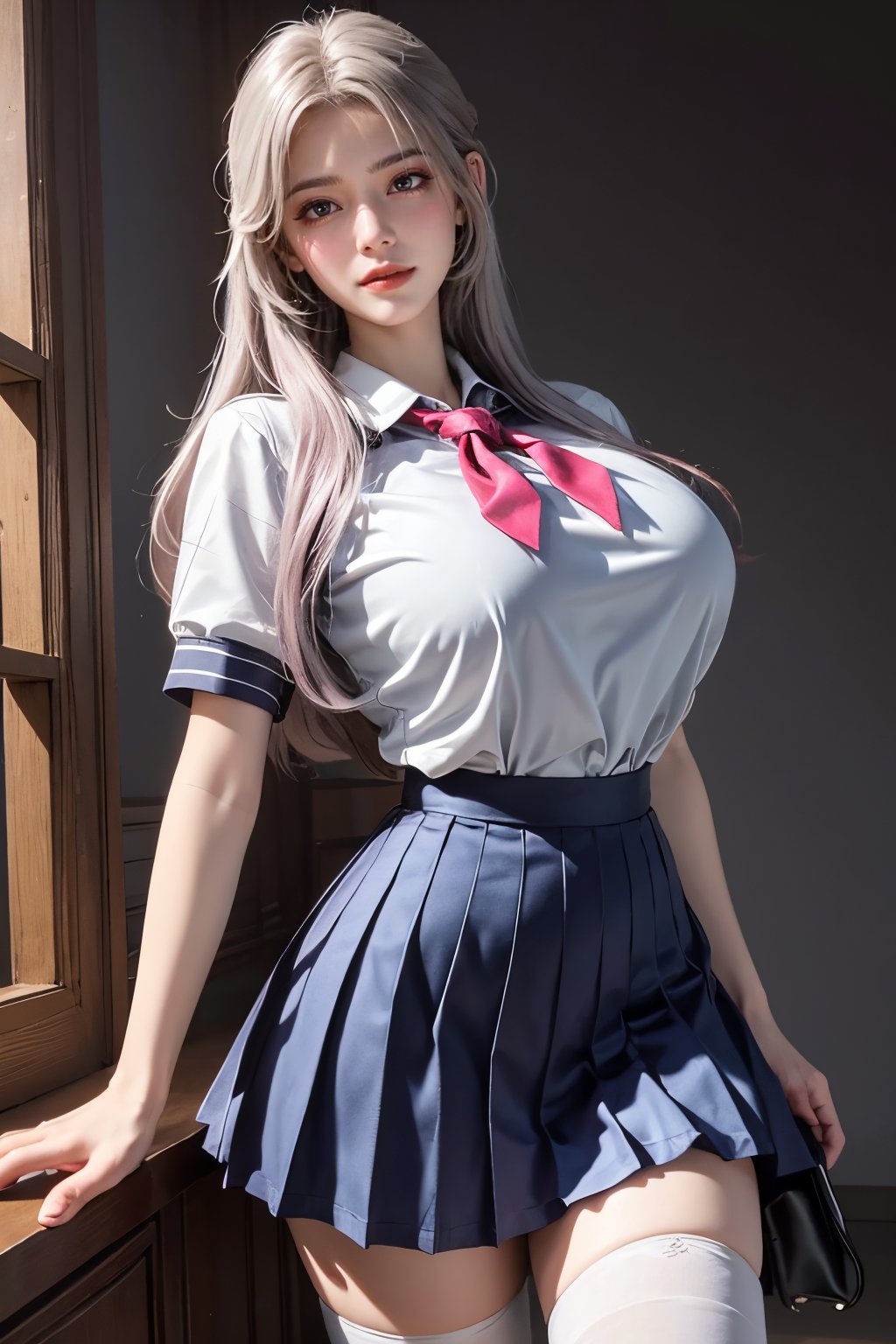 cinematic lighting, Surrealism, chiaroscuro, depth of field, Fujicolor, UHD, textured skin, anatomically correct, high details, award winning, super detail, 16k, retina, 4K, best quality，, solo, 1girl, thighhighs, pink neckerchief, skirt, school uniform, white thighhighs, kitauji high school uniform, pleated skirt,  neckerchief, loafers, photo background, standing, white shirt,  (big breasts:1.59)