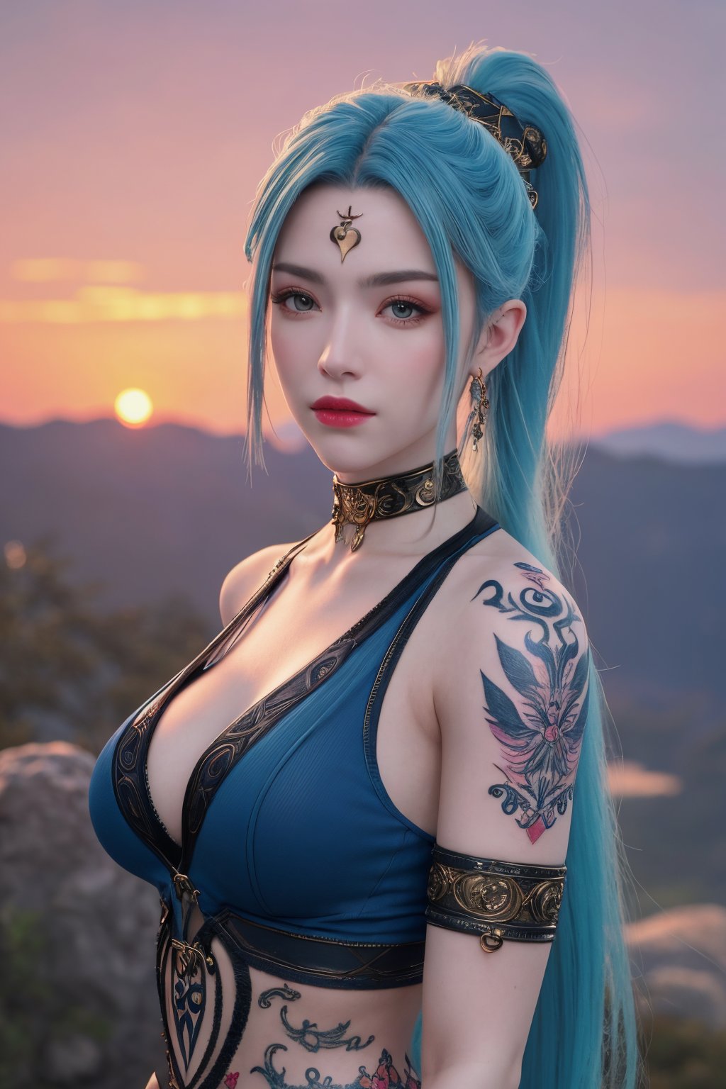 upper_body, 1girl, long hair,short_ponytail, light blue hair, sunset, grey eyes, plump, realistic, tattoo on body, beautiful mixed detail tattoo, tattoo of, arm tattoo, looking_at_viewer,(oil shiny skin:0.8), (big_boobs), willowy, chiseled, (hunky:1.8),(perfect anatomy, prefect hand,), 9 head body lenth, dynamic sexy pose, (artistic pose of awoman),from_above, (big breasts:1.39),