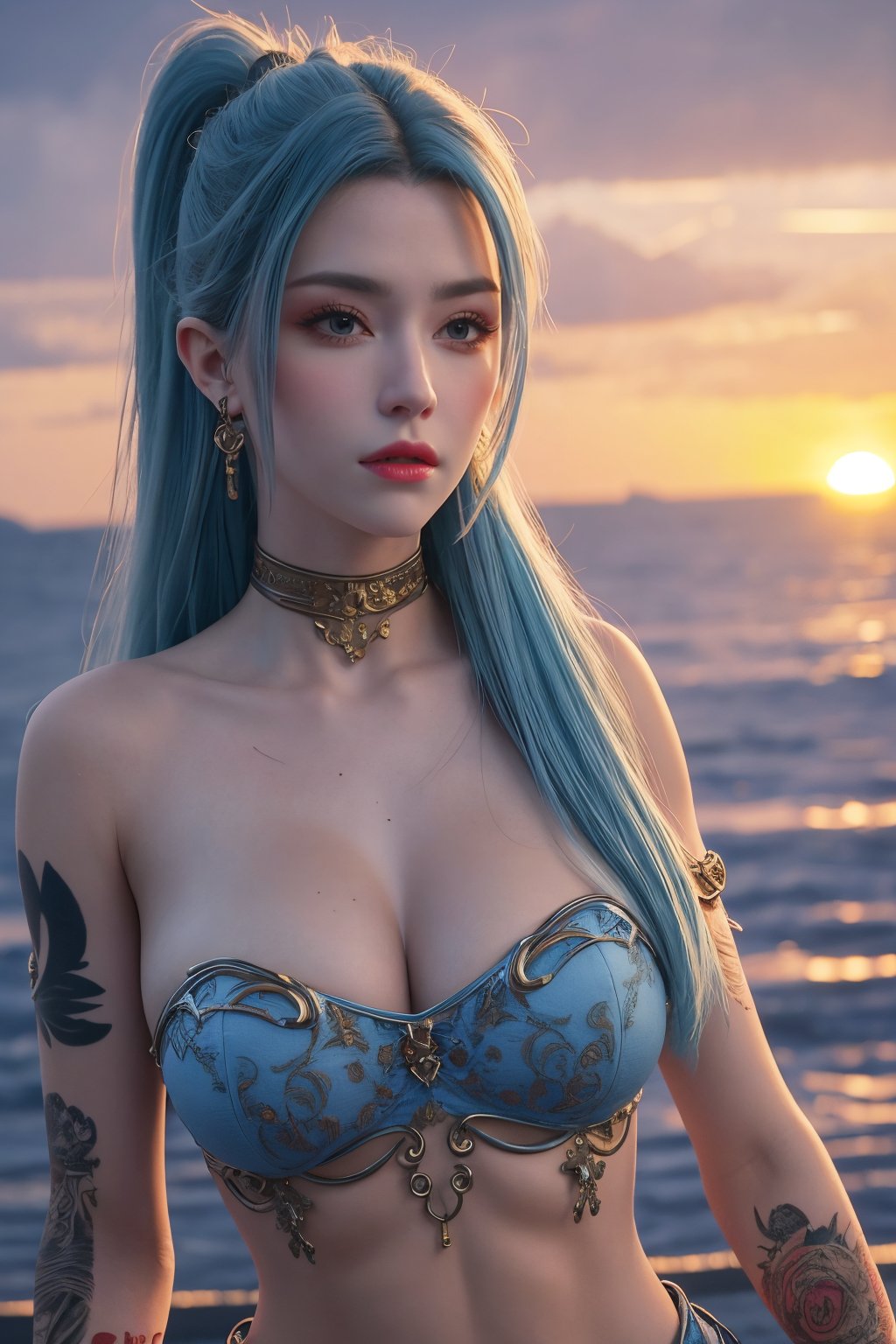 upper_body, 1girl, long hair,short_ponytail, light blue hair, sunset, grey eyes, plump, realistic, tattoo on body, beautiful mixed detail tattoo, tattoo of, arm tattoo, looking_at_viewer,(oil shiny skin:0.8), (big_boobs), willowy, chiseled, (hunky:1.8),(perfect anatomy, prefect hand,), 9 head body lenth, dynamic sexy pose, (artistic pose of awoman),from_above, (big breasts:1.39),