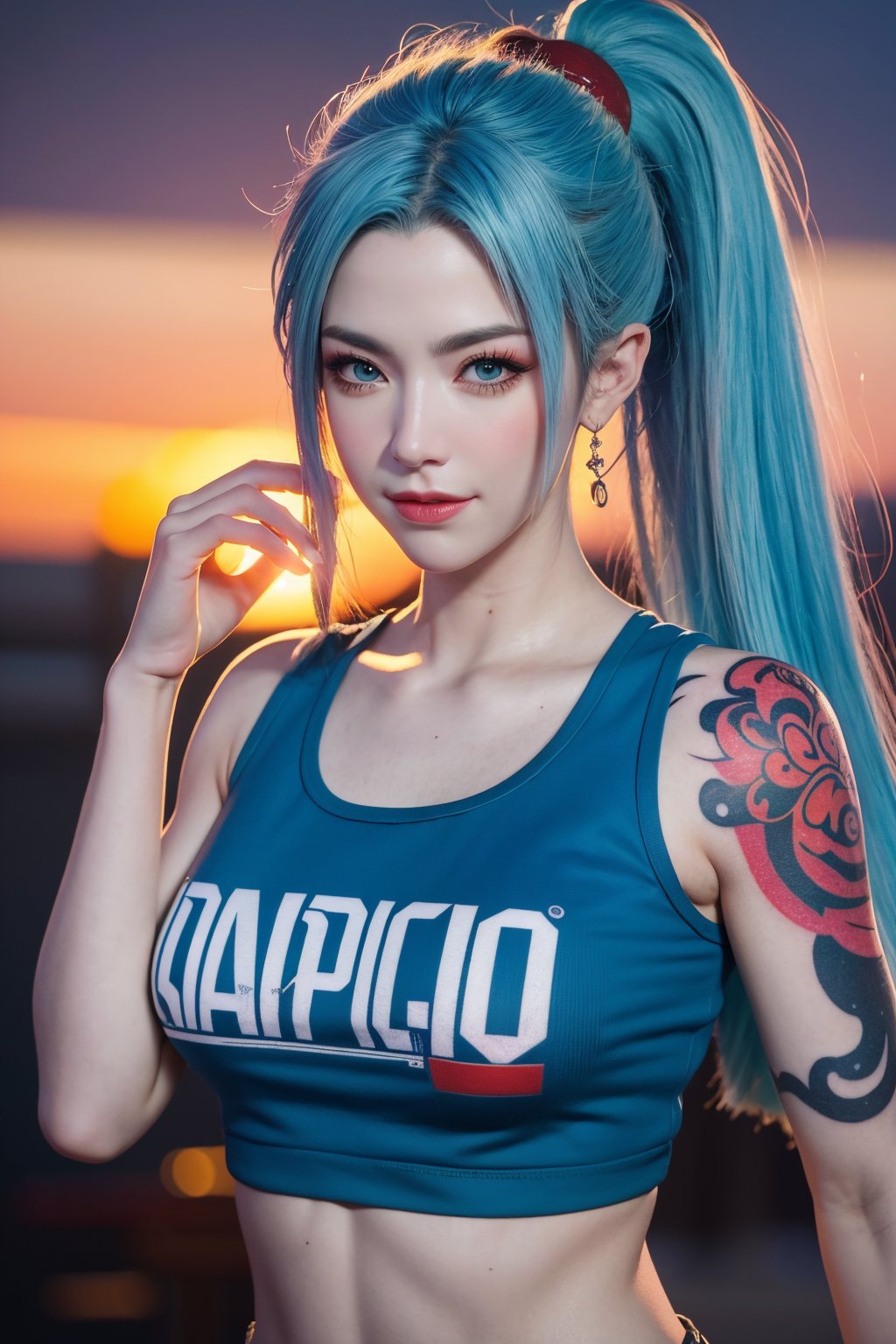 upper_body , score_9, score_8_up, score_7_up, score_6_up, 1girl, long hair,short_ponytail, light blue hair, sunset, grey eyes, plump, realistic, tattoo on body, beautiful mixed detail tattoo, tattoo of, arm tattoo, ((anime girl tattoo wearing dragon ball comic of Japan t-shirt)),smile,looking_at_viewer,(oil shiny skin:0.8), (big_boobs), willowy, chiseled, (hunky:1.8),(perfect anatomy, prefect hand,), 9 head body lenth, dynamic sexy pose, (artistic pose of awoman),from_above, (big breasts:1.39),