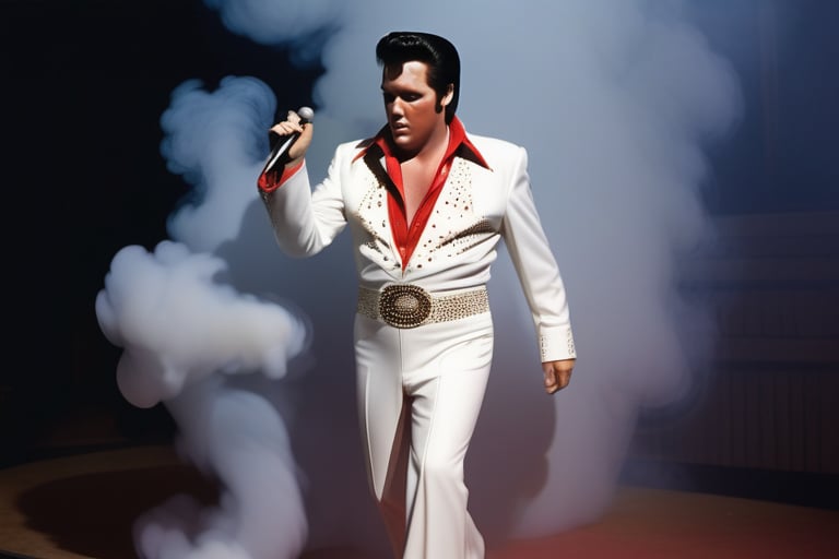 An Elvis shaped figure, walking of the stage, in a smoke like he is a spirit