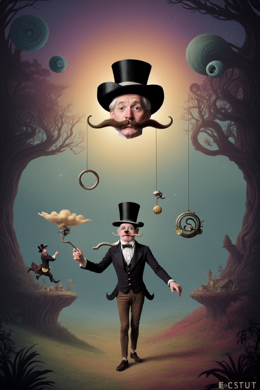 Create an enchanting digital artwork that captures the essence of "The Eccentric Adventures of Eustace van der Smut." Picture Eustace, a whimsical character with a handlebar mustache and a top hat, embarking on fantastical journeys through surreal landscapes filled with peculiar creatures and curious contraptions. Let the colors swirl and dance around him, echoing the eccentricity and wonder of his escapades. Let the scene be both whimsical and slightly mysterious, inviting viewers to immerse themselves in Eustace's extraordinary world.