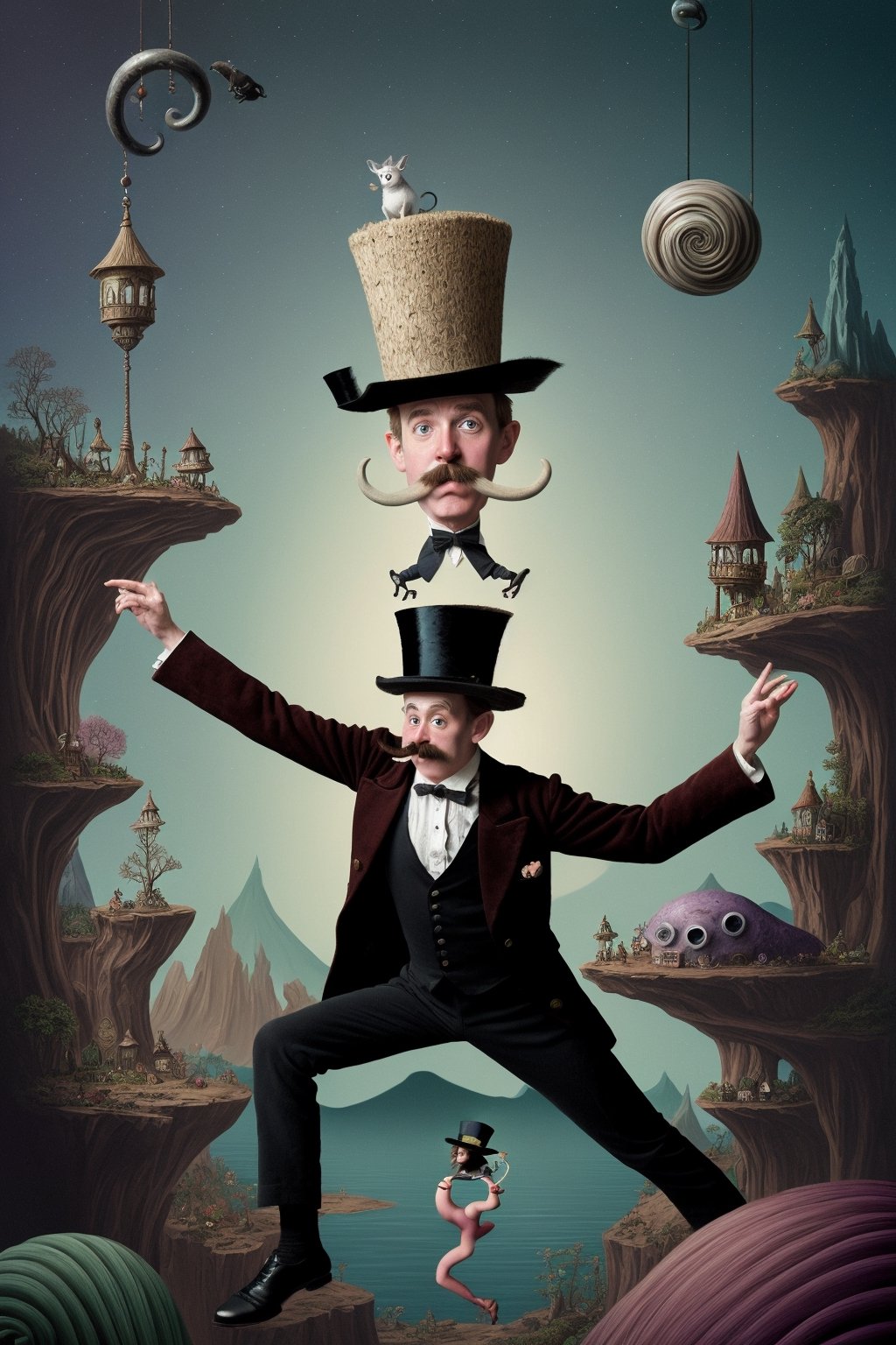 Create an enchanting digital artwork that captures the essence of "The Eccentric Adventures of Eustace van der Smut." Picture Eustace, a whimsical character with a handlebar mustache and a top hat, embarking on fantastical journeys through surreal landscapes filled with peculiar creatures and curious contraptions. Let the colors swirl and dance around him, echoing the eccentricity and wonder of his escapades. Let the scene be both whimsical and slightly mysterious, inviting viewers to immerse themselves in Eustace's extraordinary world.