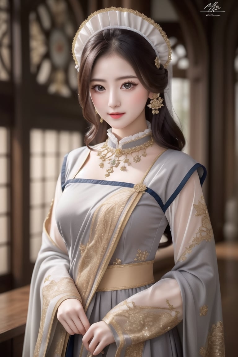 A unique and diverse portrait of a cute woman, 23 years, dressed in a traditional maid outfit with a twist . The background is a soft grey, illuminated by natural light, adding a touch of whimsy to the overall image.