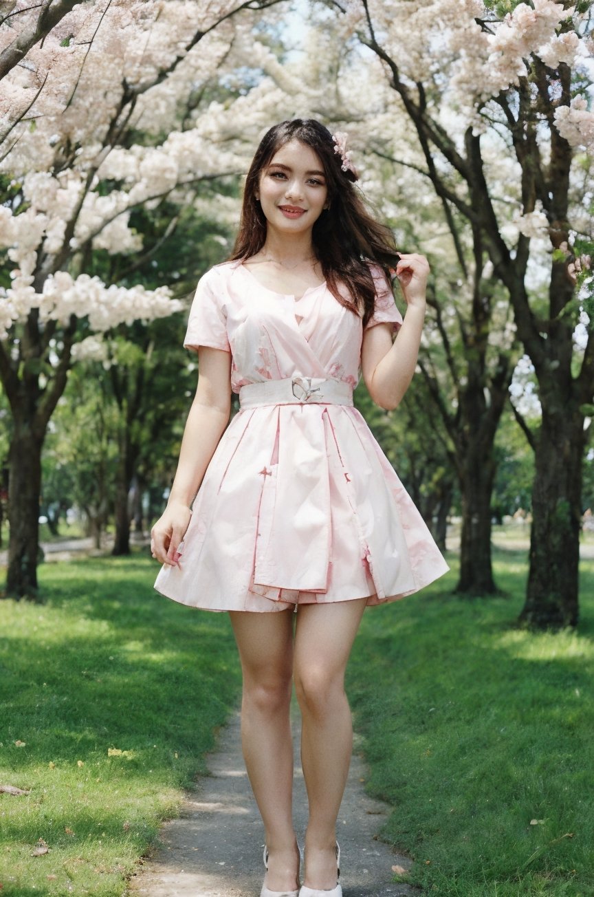 A beautiful woman adorned in a pastel minidress and high-heeled shoes stands in the midst of a park filled with blooming cherry blossom trees. With captivating grace, she strikes a seductive pose, exuding confidence and beauty amidst the blossoming trees. Her facial expression reflects joy and natural charm, creating a captivating and beautiful image in the midst of the flourishing cherry blossoms atmosphere