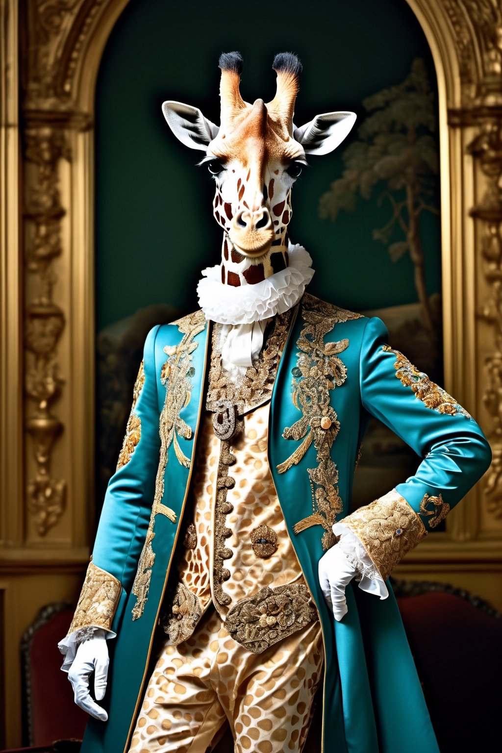 animal anthropomorphism giraffe, (cowboy shot), Wearing luxury sack-back gown, Old-fashioned glasses, detailed and opulent description of a male aristocrats sack-back gown in Rococo style, emphasizing luxurious fabrics, intricate embroidery, and ornate accessories, Rococo style background