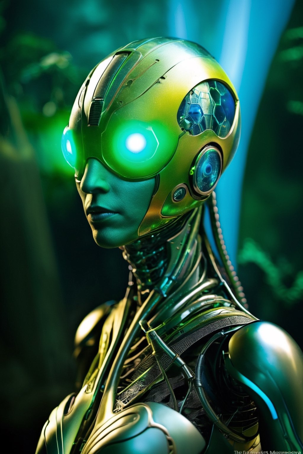 (Masterpiece, the best quality:1.4), super fine concept art, inspired by Kim Keever | Frans Lanting | cryengine, eye-catching, acidic and luminous colors, intricate, hyperrealistic, anthropomorphic insanely meticulous detailed biomechanical mantis, symbiote robot, polished metallic body, robotic parts, metallic luster, iridescent , (phosphorescent aura gas:1.8), bioluminescence,filigree, mechanical joints, sparkling jewel eyes