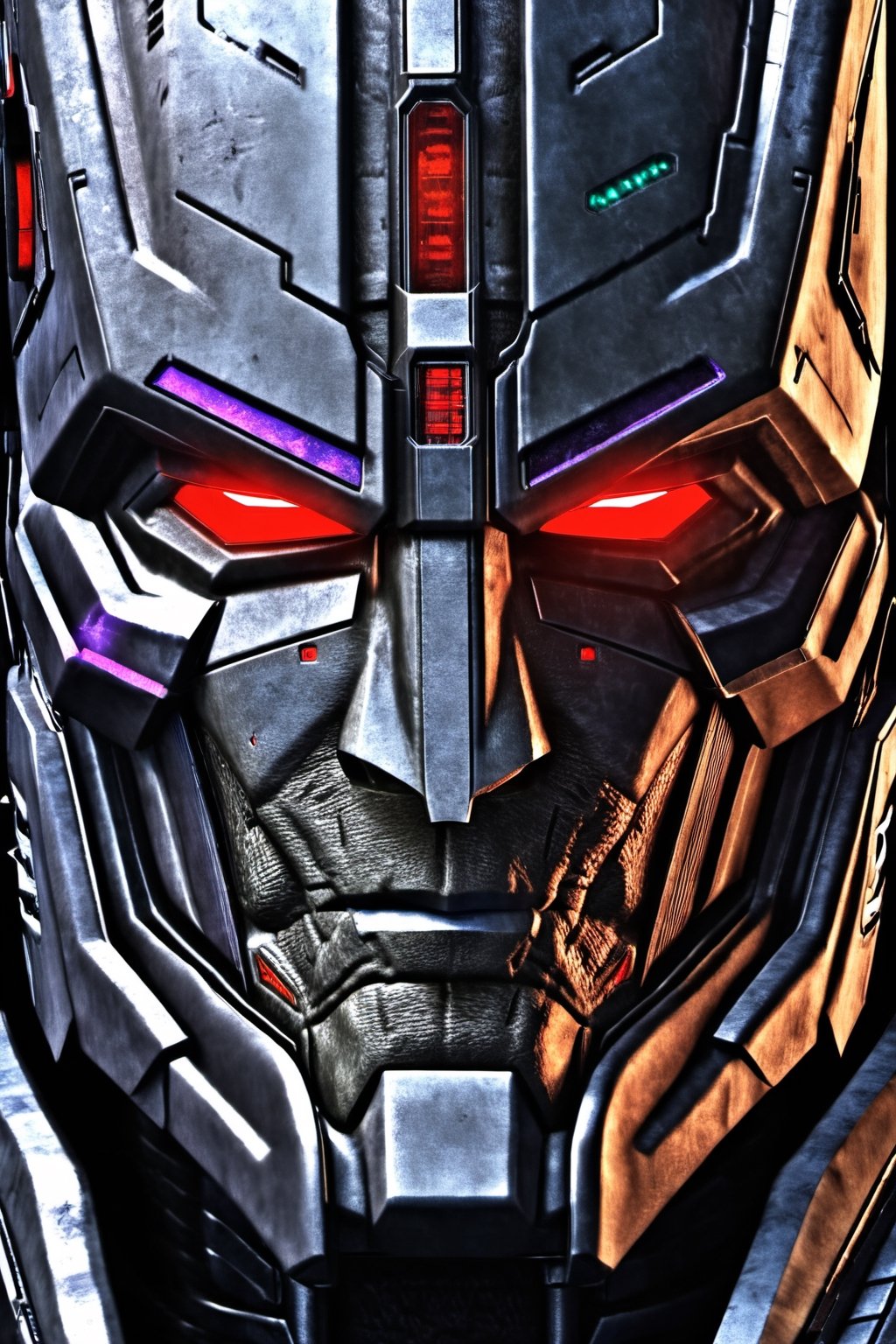 face Megatron G1, Detailedface, portrait of Megatron, smiling, looking at the viewer, red eyes, detailed eyes, menacing look, sinister smile, high detailed, high quality, 4k, art, detailed face