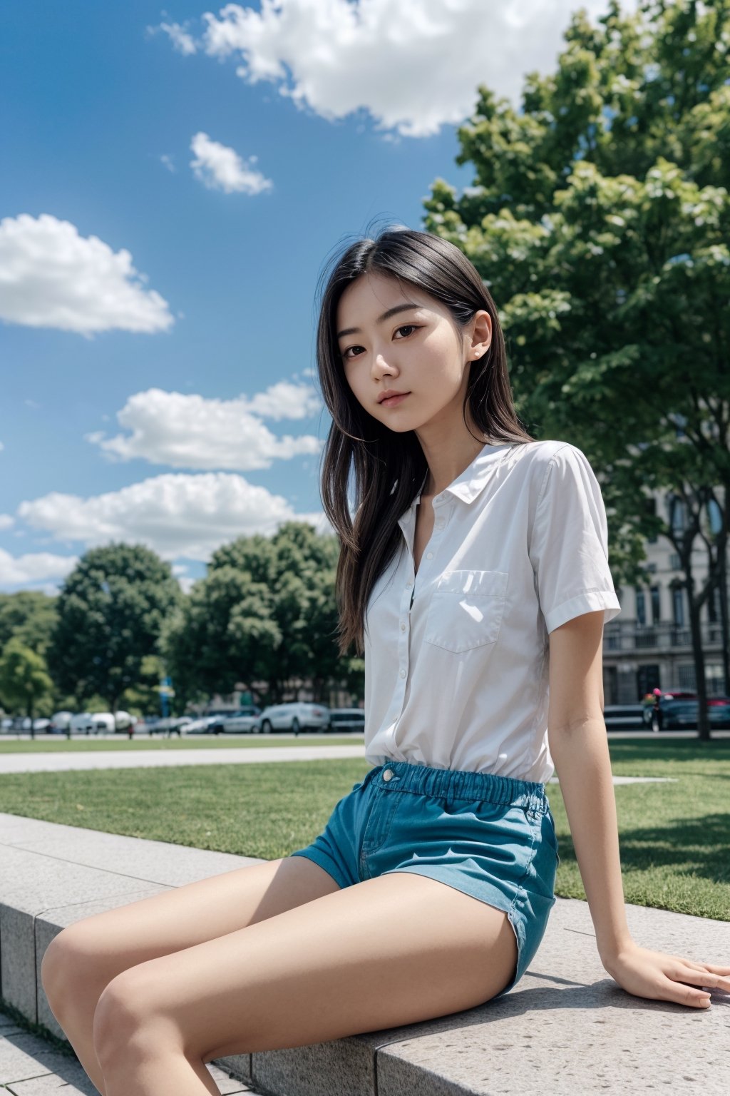 1girl, long hair, White hair, red eyes, jitome, flat chest, sitting, on park, day, blue Sky, clouds, black shorts, White shirt, long legwears, camera