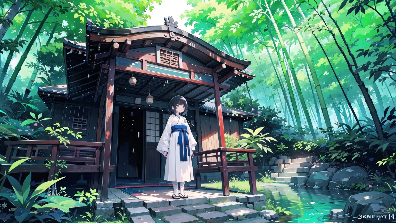 architecture, bamboo, bamboo_forest, bandaged_arm, bandaged_leg, bandages, bridge, building, day, east_asian_architecture, forest, grass, japanese_clothes, male_focus, nature, outdoors, pom_pom_\(clothes\), rain, scenery, shrine, solo, standing, torii, tree, twitter_username, water, weapon, backlight, colors