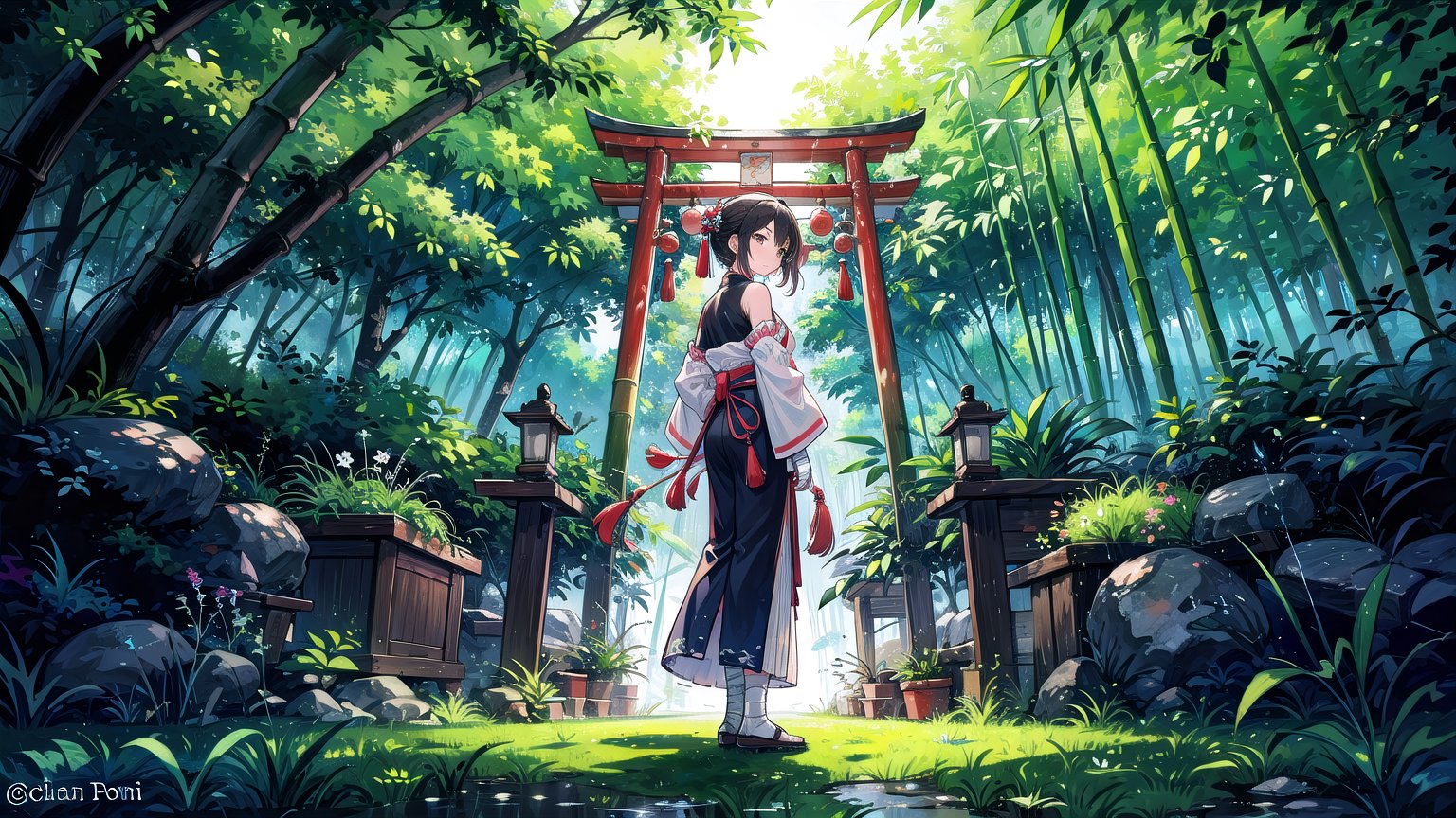 architecture, bamboo, bamboo_forest, bandaged_arm, bandaged_leg, bandages, bridge, building, day, east_asian_architecture, forest, grass, japanese_clothes, male_focus, nature, outdoors, pom_pom_\(clothes\), rain, scenery, shrine, solo, standing, torii, tree, twitter_username, water, weapon, backlight, colors