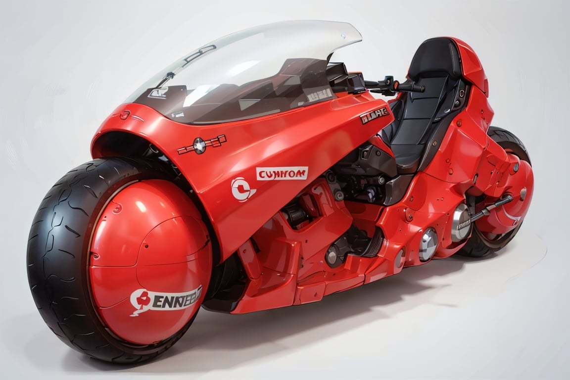 masterpiece, best quality, professional photography, 16k, ultra realistic, (akira),details,cyberpunk,super detail outlook,((low-built chassis)),bike solo, ((simple style)),clean bike body,((clear red bike body)),cover machine,kanedabike,neotech,cyber_tech, headlight to viewer,((detailed real handle bar)),REALISTIC,simple white_background