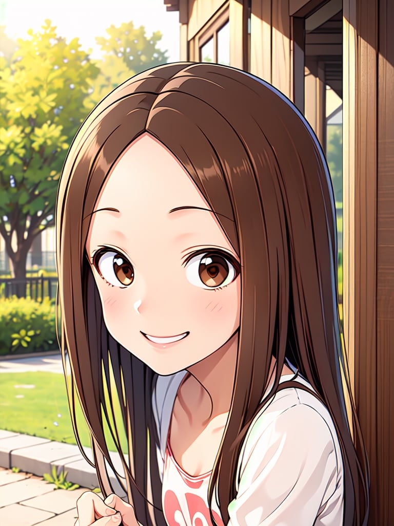 Takagi-san, 1girl, smile, blushing, brown hair