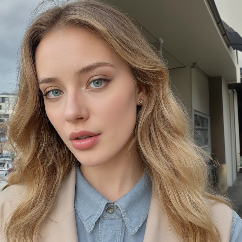 a young American woman, 23 years old, with blonde hair. green eyes, wearing a beige coat and denim pants, looking at the sky
