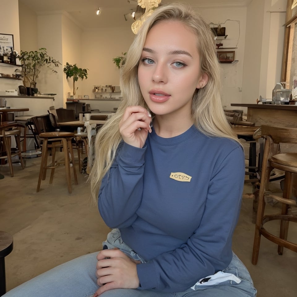 a young American woman, 23 years old, with blonde hair. green eyes, wearing a blue sweatshirt and jeans, let her sit in a cafe and drink coffee

