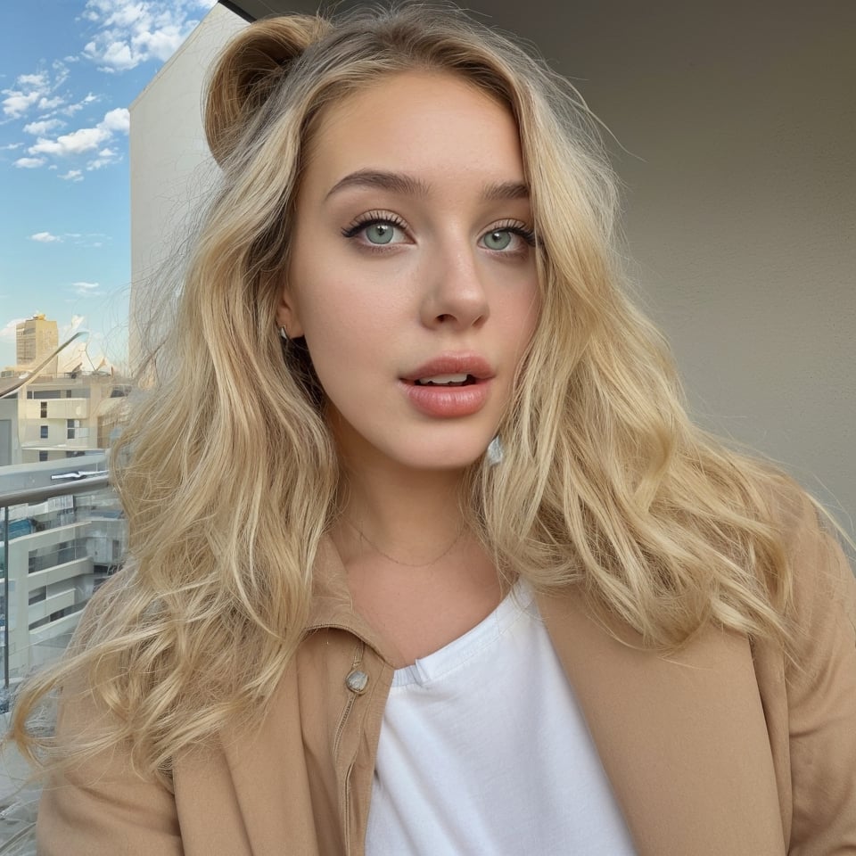 a young American woman, 23 years old, with blonde hair. green eyes, wearing a beige coat and denim pants, looking at the sky
