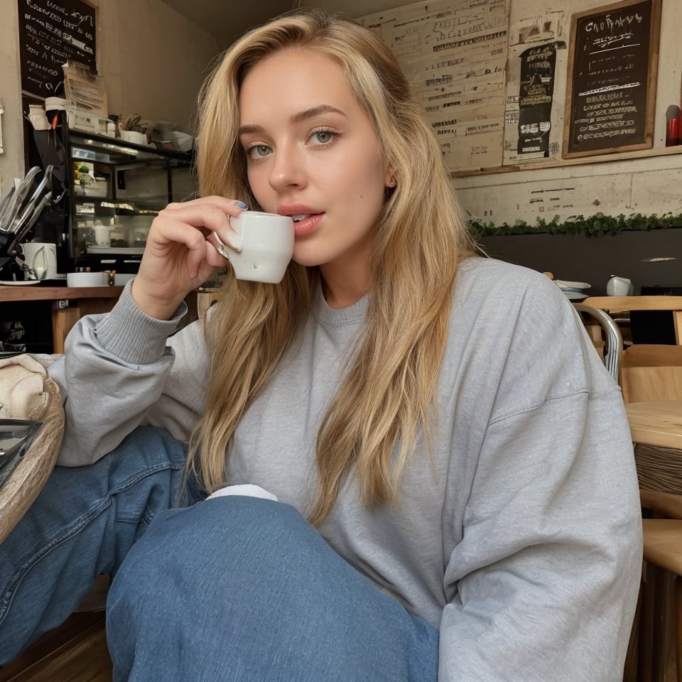 a young American woman, 23 years old, with blonde hair. green eyes, wearing a blue sweatshirt and jeans, let her sit in a cafe and drink coffee

