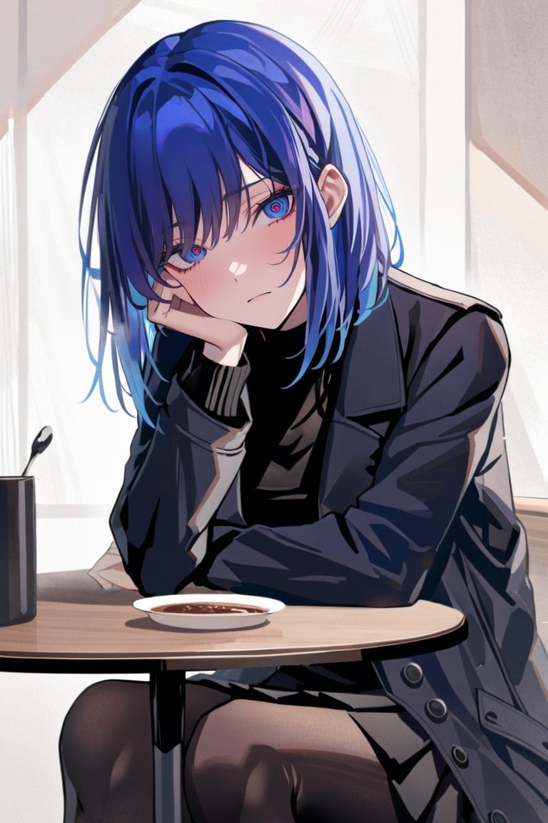 masterpiece, high contrast, sitting, sitting at table, eating bowl of soup iwth spoon, a girl in long black winter coat, looking at viewer, one head resting on hand, one hand holding spoon, 

long black winter coat, black sweater underneath, bob cut, dark royal blue hair, medium length hair, hair behind ear, side bangs, (black coat, black pleated skirt, black tights)
,xlinex