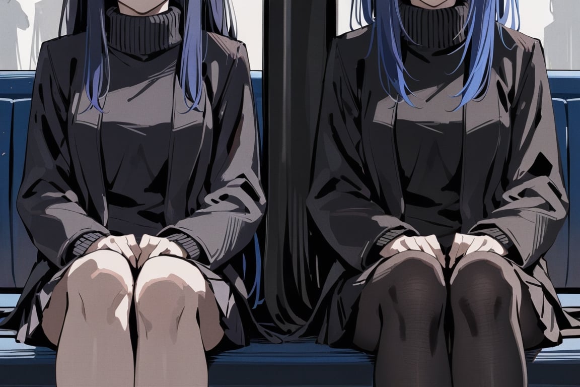 masterpiece,  2girls:1, best quality, hands on lap, centered medium shot, crossed legs, negative space, ((sitting on bus bench)), two girls in long black winter coat, long black winter coat,
 black sweater underneath, close, eyes, detailed eyelashes, sharp eyes, dark royal blue hair, medium length hair, hair behind ear, side bangs, (black coat, black pleated skirt, black tights), simple, facing viewer, manga illustration style, bangs, black backpack